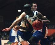 30 January 1999; Duvall Simmons of Blue Demons in action against John Leahy of Star of the Sea during the Men's Basketball Sprite Cup Semi-Final match between Star of the Sea and Blue Demons at the National Basketball Arena in Dublin. Photo by Brendan Moran/Sportsfile