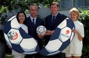 28 July 1999; At the at the announcement of Ireland's largest sports sponsorship between the FAI and Telecom Eireann including the naming rights of the FAI's stadium, which will be known as Eircom Park, are Republic of Ireland manager Mick McCarthy, former Republic of Ireland goalkeeper Packie Bonnar with models Gail Kaneswaren, left, and Jill Diffley. Photo by Brendan Moran/Sportsfile