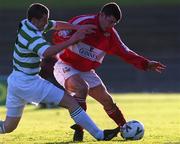 9 January 2000; Greg O'Halloran of Cork City in action against Tommy Dunne of Shamrock Rovers during the Harp Larger FAI Cup Second Round match between Shamrock Rovers and Cork City at Morton Stadium in Santry, Dublin. Photo by David Maher/Sportsfile