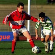 9 January 2000; John Caulfield of Cork City in action against Jason Colwell of Shamrock Rovers during the Harp Larger FAI Cup Second Round match between Shamrock Rovers and Cork City at Morton Stadium in Santry, Dublin. Photo by Ray Lohan/Sportsfile