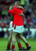 22 August 1999; Mayo goalkeeper John O'Hara celebrates with a team-mate following the All-Ireland Minor Football Championship Semi-Final between Cork and Mayo at Croke Park in Dublin. Photo by Ray McManus/Sportsfile