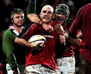 8 January 2000; Munster's Keith Wood celebrates scoring his last minute try with team-mate Alan Quinlan, right, during the Heineken Cup Pool 4 Round 5 match between Munster and Saracens at Thomond Park in Limerick. Photo by Brendan Moran/Sportsfile