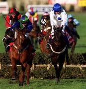 8 January 2000; Mantles Prince, with Fran Berry up, green & blue silks, on their way to winning the Ladbroke Hurdle ahead of eventual second Geos, with Barry Geraghty up, right, at Leopardstown Racecourse in Dublin. Photo by Ray McManus/Sportsfile