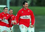 9 January 2000; Liam O'Brien of Cork City celebrates after scoring his side's goal with team-mates Ollie Cahill, left, and Pat Morley during the Harp Larger FAI Cup Second Round match between Shamrock Rovers and Cork City at Morton Stadium in Santry, Dublin. Photo by David Maher/Sportsfile