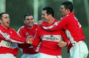9 January 2000; Cork City's Liam O'Brien, second from right, celebrates after scoring his side's goal with team-mates, from left, Ollie Cahill, Pat Morley and Greg O'Halloran during the Harp Larger FAI Cup Second Round match between Shamrock Rovers and Cork City at Morton Stadium in Santry, Dublin. Photo by David Maher/Sportsfile