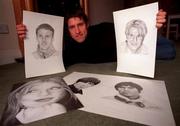 20 January 2000; St Patrick's Athletic player Marcus Hallows poses at his home in Dublin with some of his drawings of soccer stars Michael Owen and David Beckham, musicians Geri Haliwell and Liam and Noel Gallager of Oasis. Photo by David Maher/Sportsfile