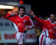 21 January 2000; Marcus Hallows celebrates with his St Patrick's Athletic team-mate Trevor Croly, right, after scoring their opening goal during the Eircom League Premier Division match between St Patrick's Athletic and Galway United at Richmond Park in Dublin. Photo by Ray McManus/Sportsfile