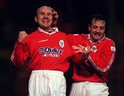 21 January 2000; Paul Doolin, left, celebrates with his Shelbourne teammate Stephen Geoghegan after scoring their second goal during the Eircom League Premier Division match between Shelbourne and Shamrock Rovers at Tolka Park in Dublin. Photo by David Maher/Sportsfile