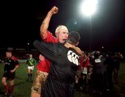 8 January 2000; Munster's Peter Stringer and team-mate Eddie Halvey celebrate their victory during the Heineken Cup Pool 4 Round 5 match between Munster and Saracens at Thomond Park in Limerick. Photo by Brendan Moran/Sportsfile