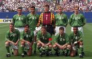 18 June 1994; The Republic of Ireland team, back row, from left, Roy Keane, Paul McGrath, Packie Bonner, Tommy Coyne and Steve Staunton. Front row, from left, John Sheridan, Ray Houghton, Andy Townsend, Denis Irwin and Phil Babb ahead of the FIFA World Cup 1994 Group E match between Republic of Ireland and Italy at Giants Stadium in New Jersey, USA. Photo by David Maher/Sportsfile