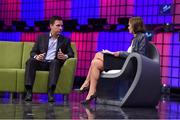 6 November 2014; Peter Thiel, left, Founder, Founders Fund, Caroline Daniel, Financial Times, on the centre stage during Day 3 of the 2014 Web Summit in the RDS, Dublin, Ireland. Picture credit: Stephen McCarthy / SPORTSFILE / Web Summit