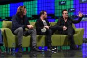 6 November 2014; Eric Wahlforss, Founder & CTO, Soundcloud; Dana Brunetti, Producer, House Of Cards; and Bono, Musician, Elevation Partners, discuss Movies & Music in the 21st Century on the centre stage during Day 3 of the 2014 Web Summit in the RDS, Dublin, Ireland. Picture credit: Stephen McCarthy / SPORTSFILE / Web Summit