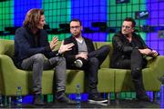 6 November 2014; Eric Wahlforss, Founder & CTO, Soundcloud; Dana Brunetti, Producer, House Of Cards; and Bono, Musician, Elevation Partners, discuss Movies & Music in the 21st Century on the centre stage during Day 3 of the 2014 Web Summit in the RDS, Dublin, Ireland. Picture credit: Stephen McCarthy / SPORTSFILE / Web Summit