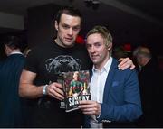 6 November 2014; Musician and former Westmeath football and Leinster rugby player Niall Breslin with Conor Mortimer, at the launch of his the book 'A Day in the Life of the Mayo Football Team' by Conor Mortimer. Grafton Lounge, Duke Lane, Dublin. Picture credit: Matt Browne / SPORTSFILE