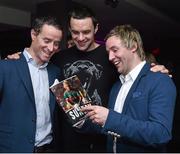 6 November 2014; Musician and former Westmeath football and Leinster rugby player Niall Breslin, centre, with former Mayo footballer Kevin O'Neill, left, and Conor Mortimer, at the launch of his the book 'A Day in the Life of the Mayo Football Team' by Conor Mortimer. Grafton Lounge, Duke Lane, Dublin. Picture credit: Matt Browne / SPORTSFILE