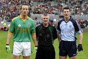 3 June 2007; Referee Jimmy McKee with the two captains Anthony Moyles, left, Meath and Colin Moran, Dublin. Bank of Ireland Leinster Senior Football Championship, Meath v Dublin, Croke Park, Dublin. Picture credit: Ray McManus / SPORTSFILE