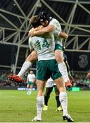 8 November 2014; Ireland's Tommy Bowe is congratulated by team-mate Richardt Strauss after scoring his side's second try. Guinness Series, Ireland v South Africa, Aviva Stadium, Lansdowne Road, Dublin. Picture credit: Ramsey Cardy / SPORTSFILE