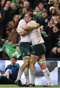 8 November 2014; Ireland's Rhys Ruddock celebrates with team-mate Peter O'Mahony after scoring his side's first try. Guinness Series, Ireland v South Africa, Aviva Stadium, Lansdowne Road, Dublin. Picture credit: Ramsey Cardy / SPORTSFILE