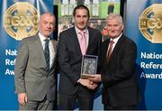 8 November 2014; Referee Brian O'Shea, from Dublin, is presented with his retiring referees' award by Pat McEnaney, Chairman of National Referee Committee, left, and Frank Burke, Vice- President of Gaa. 2014 National Referees' Awards Banquet, Croke Park, Dublin. Picture credit: Barry Cregg / SPORTSFILE