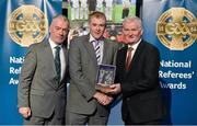 8 November 2014; Referee Fergus Smith, from Meath, is presented with his retiring referees' award by Pat McEnaney, Chairman of National Referee Committee, left, and Frank Burke, Vice- President of Gaa. 2014 National Referees' Awards Banquet, Croke Park, Dublin. Picture credit: Barry Cregg / SPORTSFILE