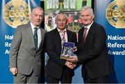 8 November 2014; Referee David Copps, from Cork, is presented with his retiring referees' award by Pat McEnaney, Chairman of National Referee Committee, left, and Frank Burke, Vice- President of Gaa. 2014 National Referees' Awards Banquet, Croke Park, Dublin. Picture credit: Barry Cregg / SPORTSFILE