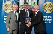 8 November 2014; Referee Damien Brazil, from Offaly, is presented with his retiring referees' award by Pat McEnaney, Chairman of National Referee Committee, left, and Frank Burke, Vice- President of Gaa. 2014 National Referees' Awards Banquet, Croke Park, Dublin. Picture credit: Barry Cregg / SPORTSFILE