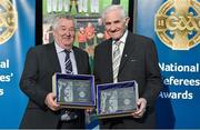8 November 2014; Former referees' Neil Duggan, left, from Limerick, who refereed the All-Ireland Hurling Final in 1983 and PJ McGrath from Mayo who refereed the All-Ireland Football Final in 1982 are presented with their Hall of Fame awards. 2014 National Referees' Awards Banquet, Croke Park, Dublin. Picture credit: Barry Cregg / SPORTSFILE