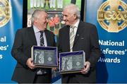 8 November 2014; Former referees' Neil Duggan, left, from Limerick, who refereed the All-Ireland Hurling Final in 1983 and PJ McGrath from Mayo who refereed the All-Ireland Football Final in 1982 are presented with their Hall of Fame awards. 2014 National Referees' Awards Banquet, Croke Park, Dublin. Picture credit: Barry Cregg / SPORTSFILE