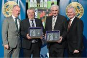8 November 2014; Former referees' Neil Duggan, left, from Limerick, who refereed the All-Ireland Hurling Final in 1983 and PJ McGrath from Mayo who refereed the All-Ireland Football Final in 1982 are presented with their Hall of Fame awards by Pat McEnaney, Chairman of National Referee Committee, left, and Frank Burke, Vice- President of Gaa. 2014 National Referees' Awards Banquet, Croke Park, Dublin. Picture credit: Barry Cregg / SPORTSFILE