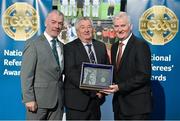 8 November 2014; Former referee Neil Duggan, from Limerick, who refereed the All-Ireland Hurling Final in 1983  is presented with his Hall of Fame award by Pat McEnaney, Chairman of National Referee Committee, left, and Frank Burke, Vice- President of Gaa. 2014 National Referees' Awards Banquet, Croke Park, Dublin. Picture credit: Barry Cregg / SPORTSFILE