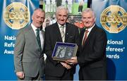 8 November 2014; Former referee PJ McGrath, from Mayo, who refereed the All-Ireland Football Final in 1982  is presented with his Hall of Fame award by Pat McEnaney, Chairman of National Referee Committee, left, and Frank Burke, Vice- President of Gaa. 2014 National Referees' Awards Banquet, Croke Park, Dublin. Picture credit: Barry Cregg / SPORTSFILE