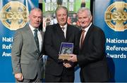 8 November 2014; Referee Pat Casey, from Waterford, is presented with his retiring referees' award by Pat McEnaney, Chairman of National Referee Committee, left, and Frank Burke, Vice- President of Gaa. 2014 National Referees' Awards Banquet, Croke Park, Dublin. Picture credit: Barry Cregg / SPORTSFILE