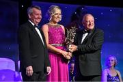 8 November 2014; Angela Walsh, Cork, is presented with her TG4 Ladies Football All-Star Award by Pat Quill, President of the Ladies Gaelic Football Association, in the company of Pól O Gallchóir, left, Ceannsaí, TG4. TG4 Ladies Football All-Star Awards 2014, Citywest Hotel, Saggart, Co. Dublin. Picture credit: Ray McManus / SPORTSFILE