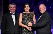 8 November 2014; Lyndsey Davey, Dublin, is presented with her TG4 Ladies Football All-Star Award by Pat Quill, President of the Ladies Gaelic Football Association, in the company of Pól O Gallchóir, left, Ceannsaí, TG4. TG4 Ladies Football All-Star Awards 2014, Citywest Hotel, Saggart, Co. Dublin. Picture credit: Brendan Moran / SPORTSFILE