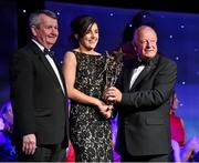 8 November 2014; Lyndsey Davey, Dublin, is presented with her TG4 Ladies Football All-Star Award by Pat Quill, President of the Ladies Gaelic Football Association, in the company of Pól O Gallchóir, left, Ceannsaí, TG4. TG4 Ladies Football All-Star Awards 2014, Citywest Hotel, Saggart, Co. Dublin. Picture credit: Ray McManus / SPORTSFILE