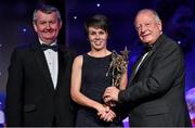 8 November 2014; Cora Courtney, Monaghan, is presented with her TG4 Ladies Football All-Star Award by Pat Quill, President of the Ladies Gaelic Football Association, in the company of Pól O Gallchóir, left, Ceannsaí, TG4. TG4 Ladies Football All-Star Awards 2014, Citywest Hotel, Saggart, Co. Dublin. Picture credit: Brendan Moran / SPORTSFILE