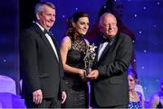 8 November 2014; Mairéad Tennyson, Armagh, is presented with her TG4 Ladies Football All-Star Award by Pat Quill, President of the Ladies Gaelic Football Association, in the company of Pól O Gallchóir, left, Ceannsaí, TG4. TG4 Ladies Football All-Star Awards 2014, Citywest Hotel, Saggart, Co. Dublin. Picture credit: Ray McManus / SPORTSFILE