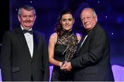 8 November 2014; Mairéad Tennyson, Armagh, is presented with her TG4 Ladies Football All-Star Award by Pat Quill, President of the Ladies Gaelic Football Association, in the company of Pól O Gallchóir, left, Ceannsaí, TG4. TG4 Ladies Football All-Star Awards 2014, Citywest Hotel, Saggart, Co. Dublin. Picture credit: Brendan Moran / SPORTSFILE