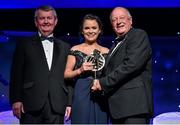 8 November 2014; Geraldine Smith, Cavan, is presented with her TG4 Ladies Football Ulster Young Player of the Year Award by Pat Quill, President of the Ladies Gaelic Football Association, in the company of Pól O Gallchóir, left, Ceannsaí, TG4. TG4 Ladies Football All-Star Awards 2014, Citywest Hotel, Saggart, Co. Dublin. Picture credit: Brendan Moran / SPORTSFILE