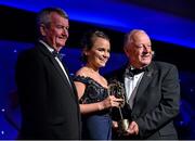 8 November 2014; Geraldine Smith, Cavan, is presented with her TG4 Ladies Football Ulster Young Player of the Year Award by Pat Quill, President of the Ladies Gaelic Football Association, in the company of Pól O Gallchóir, left, Ceannsaí, TG4. TG4 Ladies Football All-Star Awards 2014, Citywest Hotel, Saggart, Co. Dublin. Picture credit: Ray McManus / SPORTSFILE