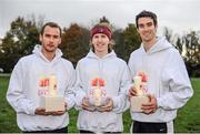 9 November 2014; Winner Brendan O'Neill, DSD AC, centre, with second placed Eoin Everard, Kilkenny City Harriers AC, right, and third place Dr.Joe Warne, Doheny AC. The 2014 Remembrance Run 5K. Phoenix Park, Dublin. Picture credit: Tomás Greally / SPORTSFILE