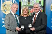 8 November 2014; Marie Hourigan, wife of the late Shane Hourigan, is presented with his medals by Pat McEnaney, Chairman of National Referee Committee, left, and Frank Burke, Vice-President of the GAA. 2014 National Referees' Awards Banquet, Croke Park, Dublin. Picture credit: Barry Cregg / SPORTSFILE