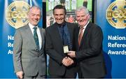8 November 2014; Referee Maurice Deegan, from Laois, is presented with his Sigerson Cup 2013 referees' medal by Pat McEnaney, Chairman of National Referee Committee, left, and Frank Burke, Vice-President of the GAA. 2014 National Referees' Awards Banquet, Croke Park, Dublin. Picture credit: Barry Cregg / SPORTSFILE
