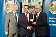 8 November 2014; Referee Colm Lyons, from Cork, is presented with his Under 21 Hurling 2013 referees' medal by Pat McEnaney, Chairman of National Referee Committee, left, and Frank Burke, Vice-President of the GAA. 2014 National Referees' Awards Banquet, Croke Park, Dublin. Picture credit: Barry Cregg / SPORTSFILE