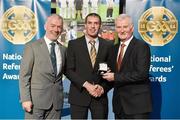 8 November 2014; Referee James Owens, from Wexford, is presented with his Allianz Hurling League D1 2014 referees' medal by Pat McEnaney, Chairman of National Referee Committee, left, and Frank Burke, Vice-President of the GAA. 2014 National Referees' Awards Banquet, Croke Park, Dublin. Picture credit: Barry Cregg / SPORTSFILE