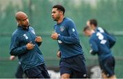 11 November 2014; Republic of Ireland's Cyrus Christie, right with David McGoldrick, during squad training ahead of their UEFA EURO 2016 Championship Qualifer, Group D, match against Scotland on Friday. Republic of Ireland Squad Training, Gannon Park, Malahide, Co. Dublin. Picture credit: David Maher / SPORTSFILE