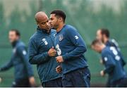 11 November 2014; Republic of Ireland's Cyrus Christie, right with David McGoldrick, during squad training ahead of their UEFA EURO 2016 Championship Qualifer, Group D, match against Scotland on Friday. Republic of Ireland Squad Training, Gannon Park, Malahide, Co. Dublin. Picture credit: David Maher / SPORTSFILE