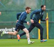11 November 2014; Republic of Ireland's Stephen Quinn and John O'Shea, during squad training ahead of their UEFA EURO 2016 Championship Qualifer, Group D, match against Scotland on Friday. Republic of Ireland Squad Training, Gannon Park, Malahide, Co. Dublin. Picture credit: David Maher / SPORTSFILE