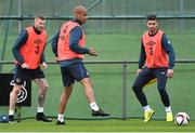 11 November 2014; Republic of Ireland's David McGoldrick, James McClean, left, and and Shane Long, right, during squad training ahead of their UEFA EURO 2016 Championship Qualifer, Group D, match against Scotland on Friday. Republic of Ireland Squad Training, Gannon Park, Malahide, Co. Dublin. Picture credit: David Maher / SPORTSFILE