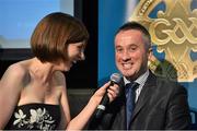 8 November 2014; Referee James McGrath speaking with MC Joanne Cantwell. 2014 National Referees' Awards Banquet, Croke Park, Dublin. Picture credit: Barry Cregg / SPORTSFILE